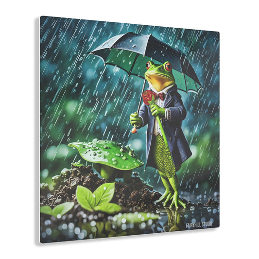 Acrylic Print - Cute Frog with Umbrella and Rose Waiting Under the Rain Wall Art