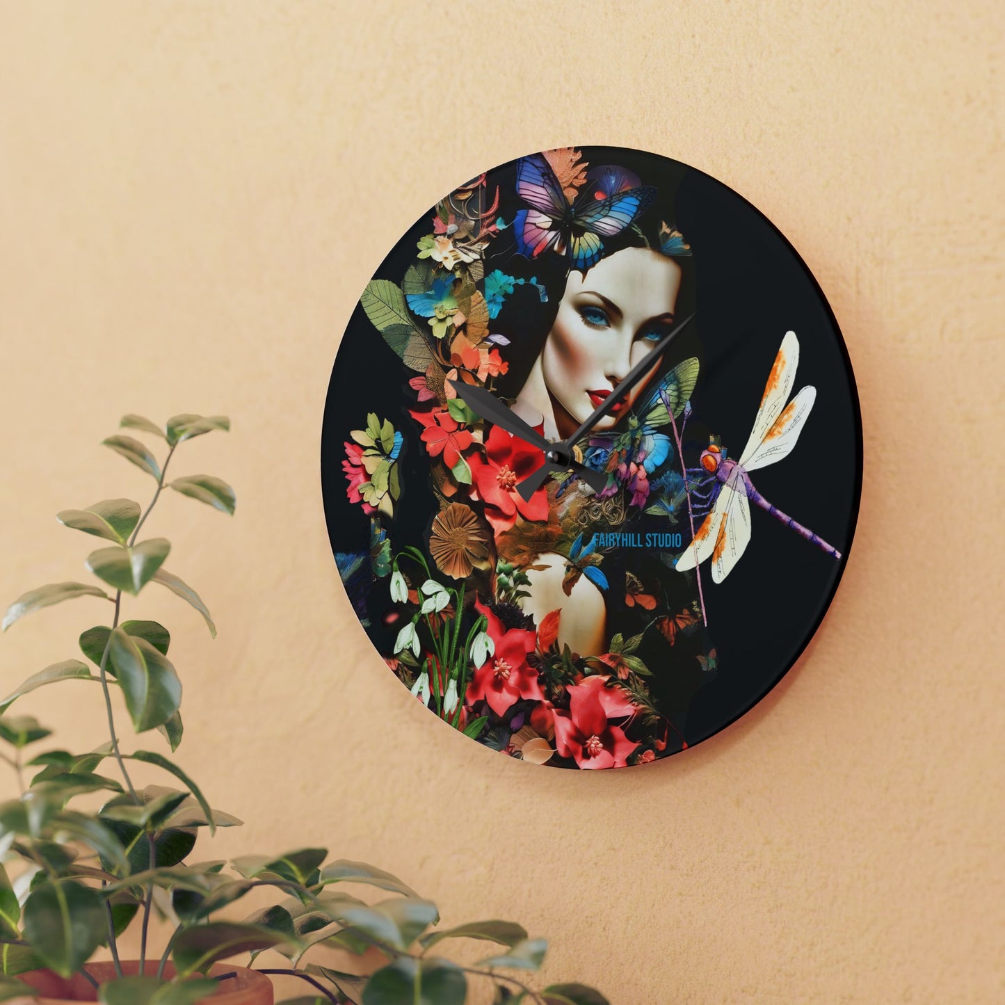 Acrylic Wall Clock -Lady in Nature with a Dragonfly /Art