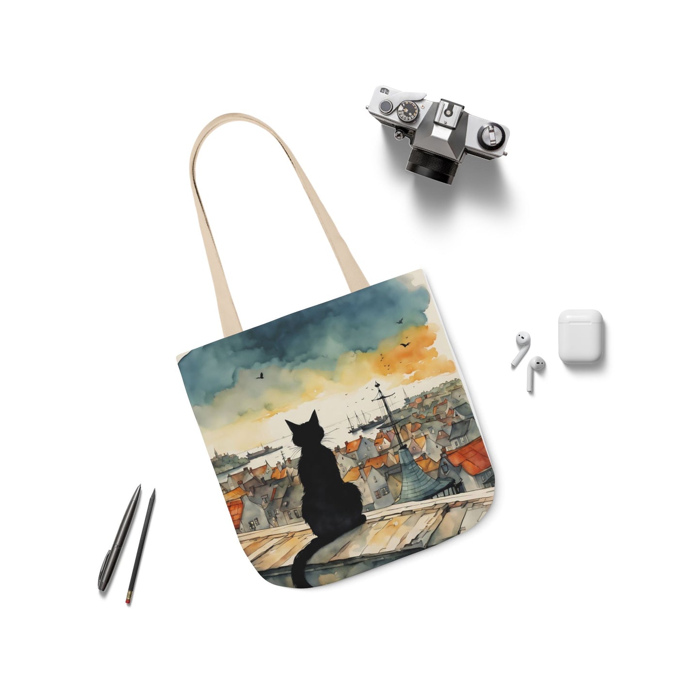Black cat on a roof top FairyHill Studio Red phone- Canvas Tote Bag - Perfect for Beach Days, Eco-Friendly Shopping, and Summer Fun!