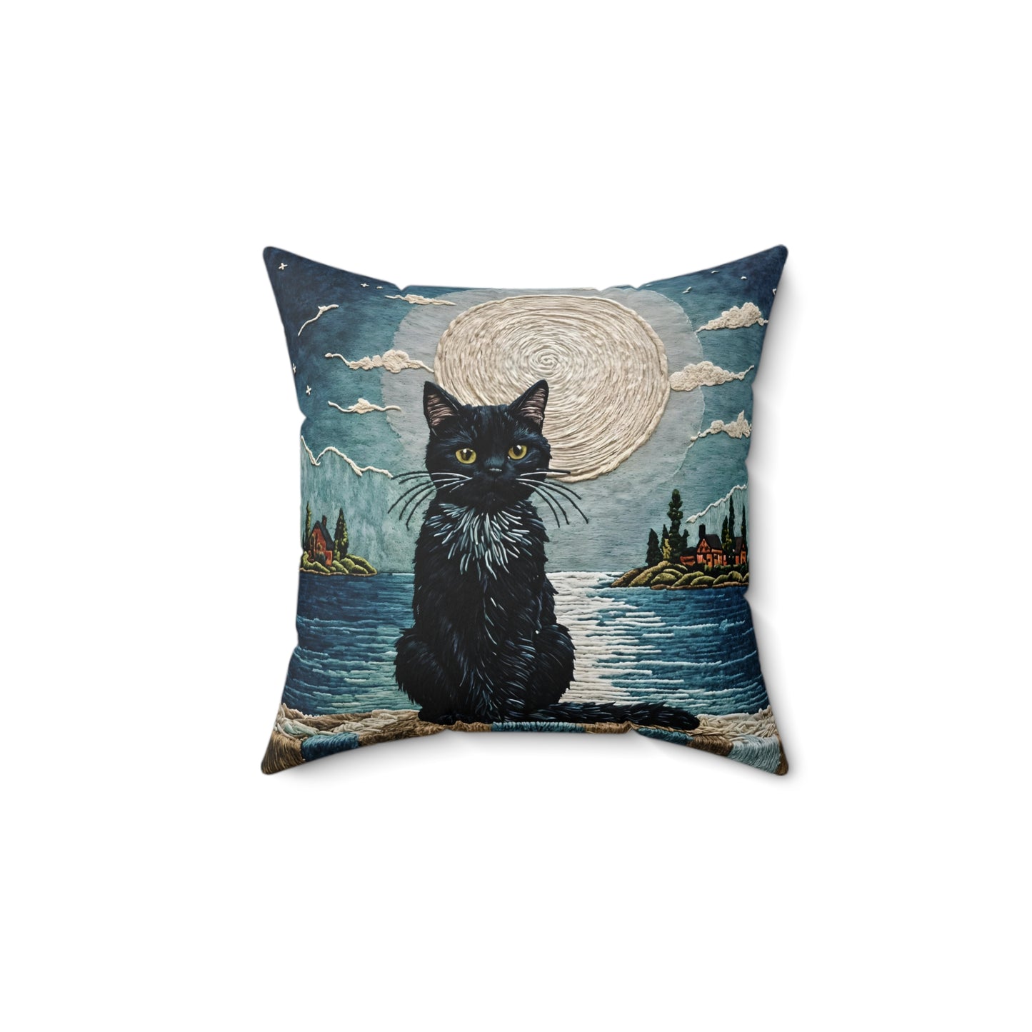 Square Pillow - Cute Black Cat Sitting on Wall Sea View Moonlight Design