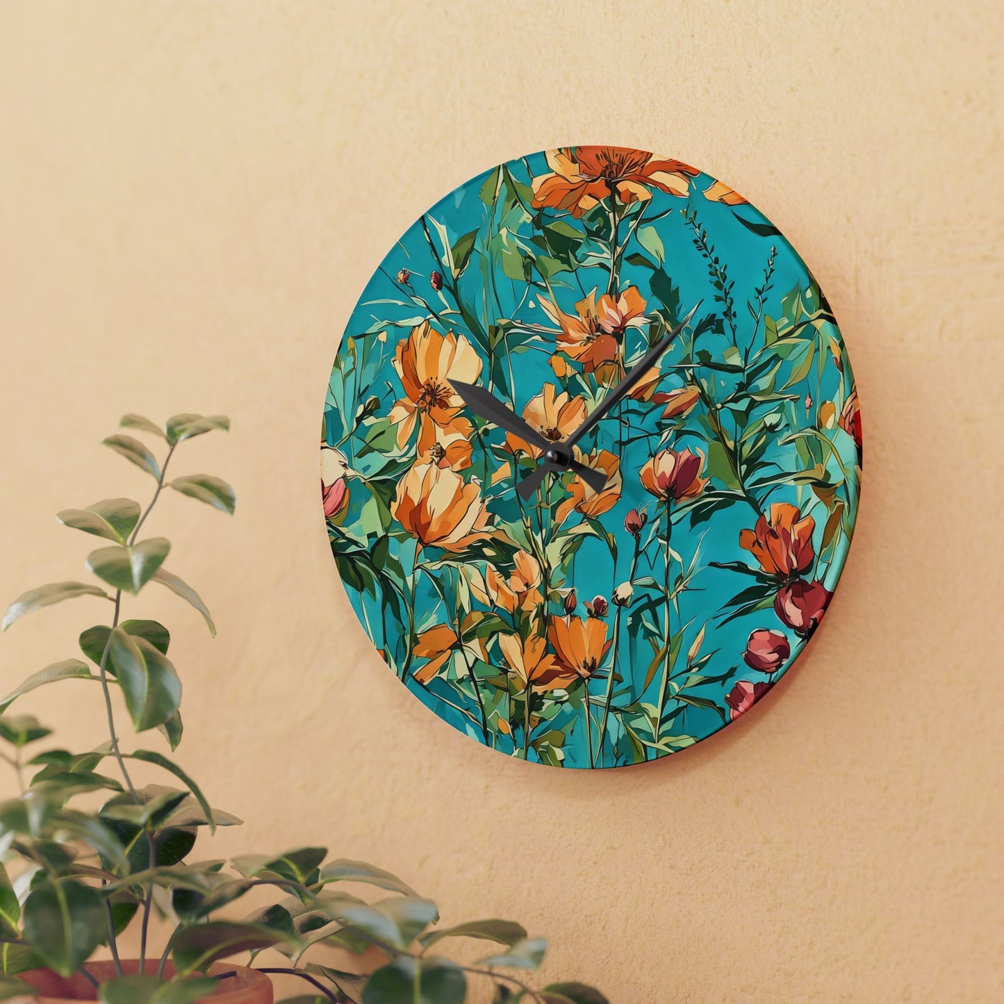 Acrylic Wall Clock - Peach and Orange Wild Flowers on Aqua Background by Fairyhill Studio