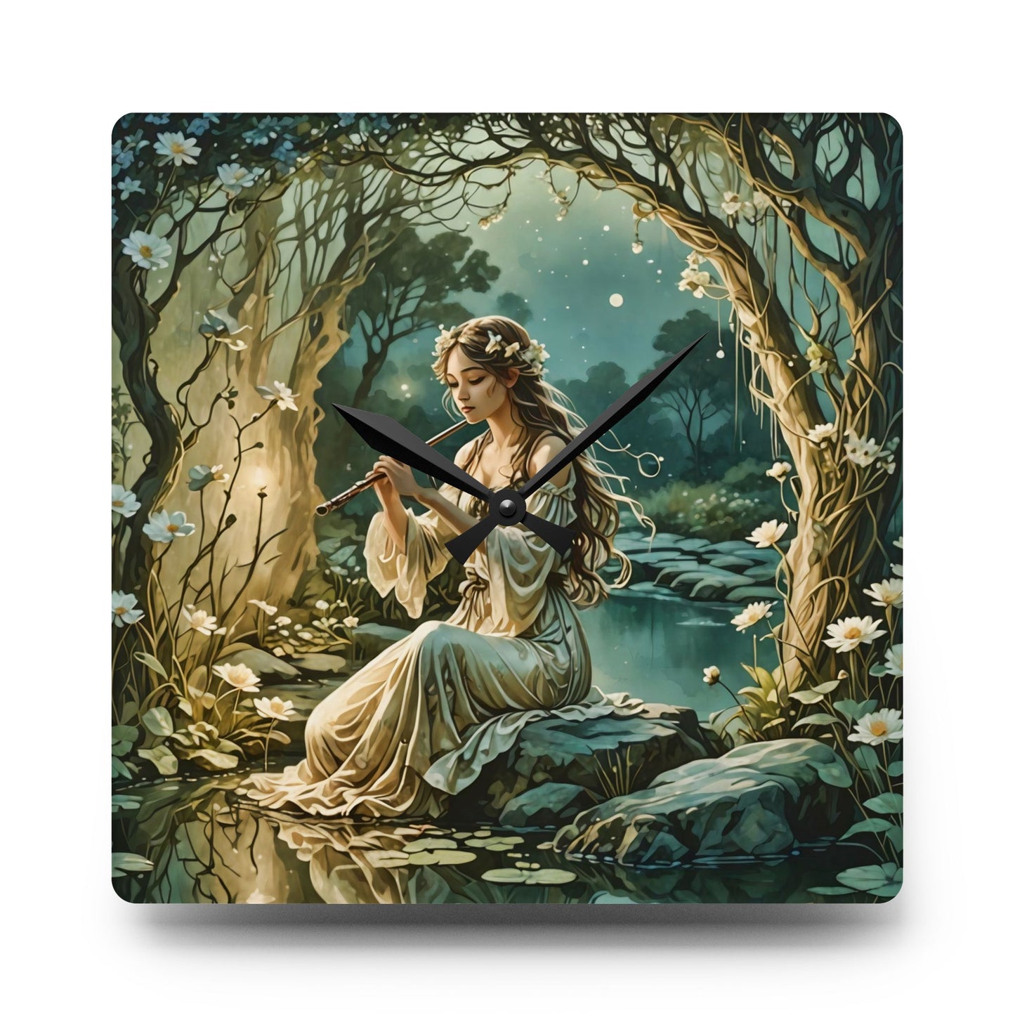 Wall Clock - Enchanting Fairy Nymph Playing Flute by a River Design by Fairyhill Studio