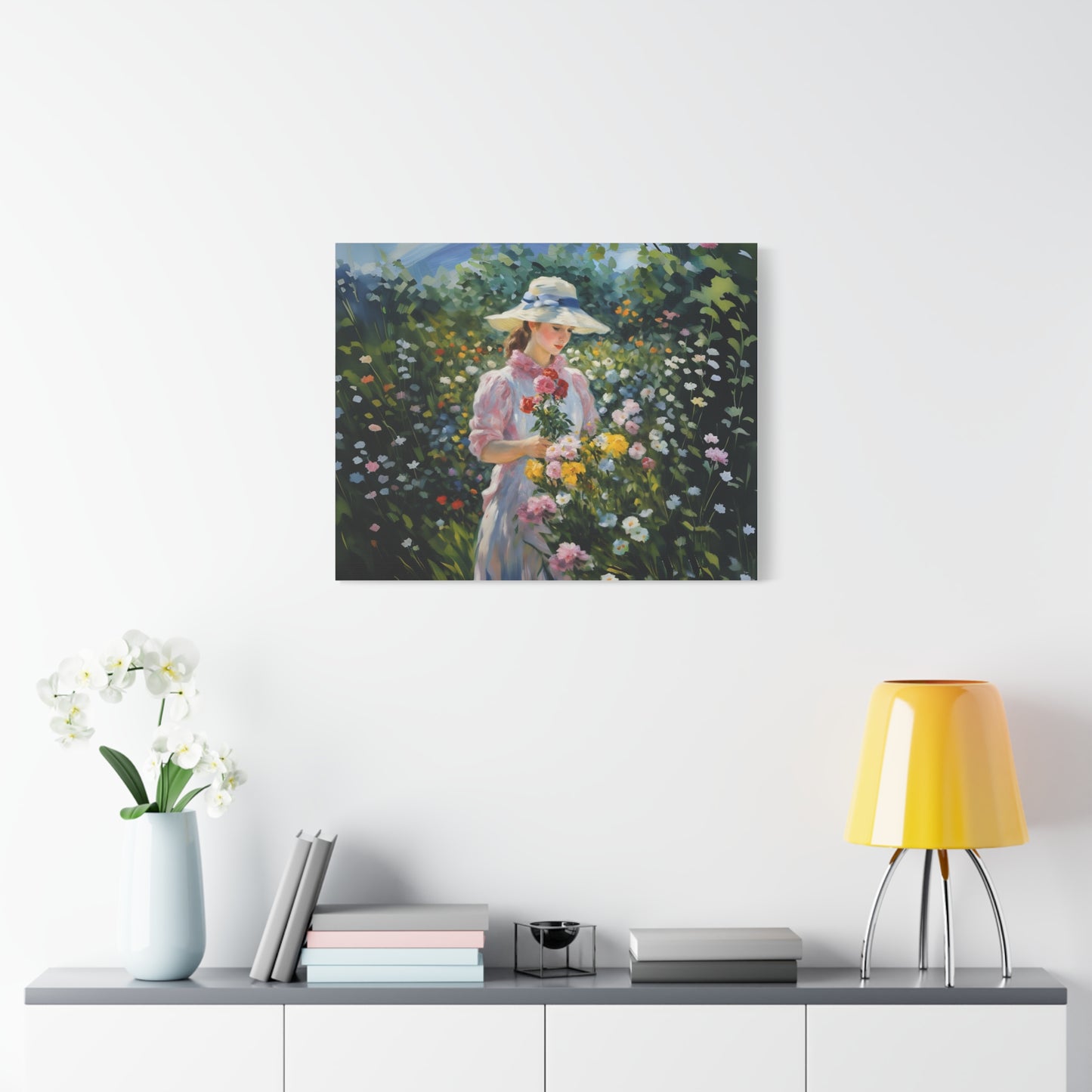 Canvas Art - Monet Style Floral Serenity with Elegant Woman and Flower Basket, Stretched Matte 1 25"