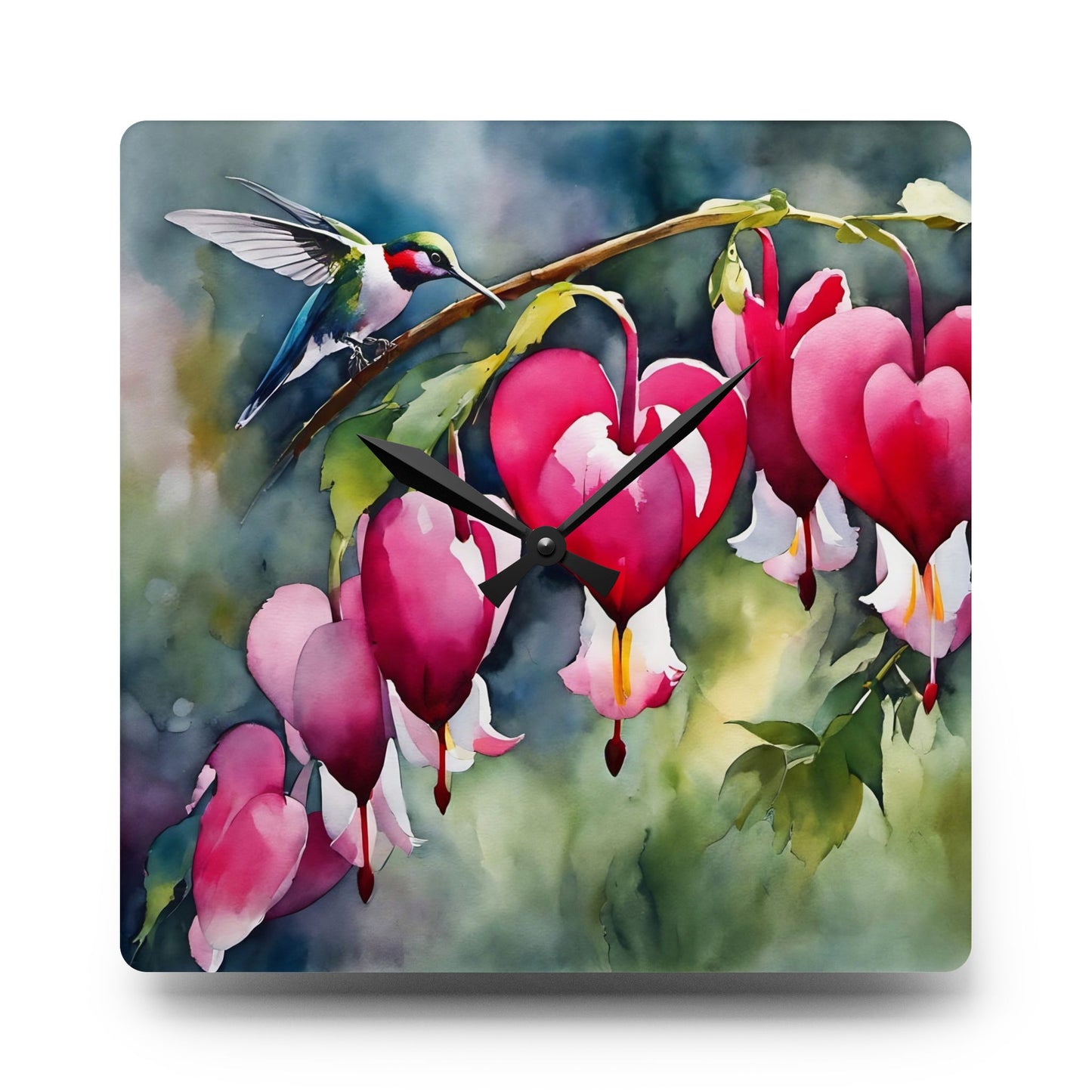 Wall Clock - Watercolor Bleeding Heart Flowers and Hummingbird Art by FairyHill Studio