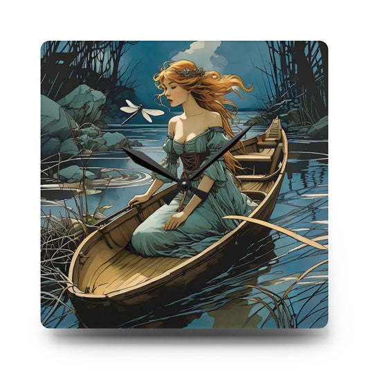 Acrylic Wall Clock Woman in a boat with a Dragonfly
