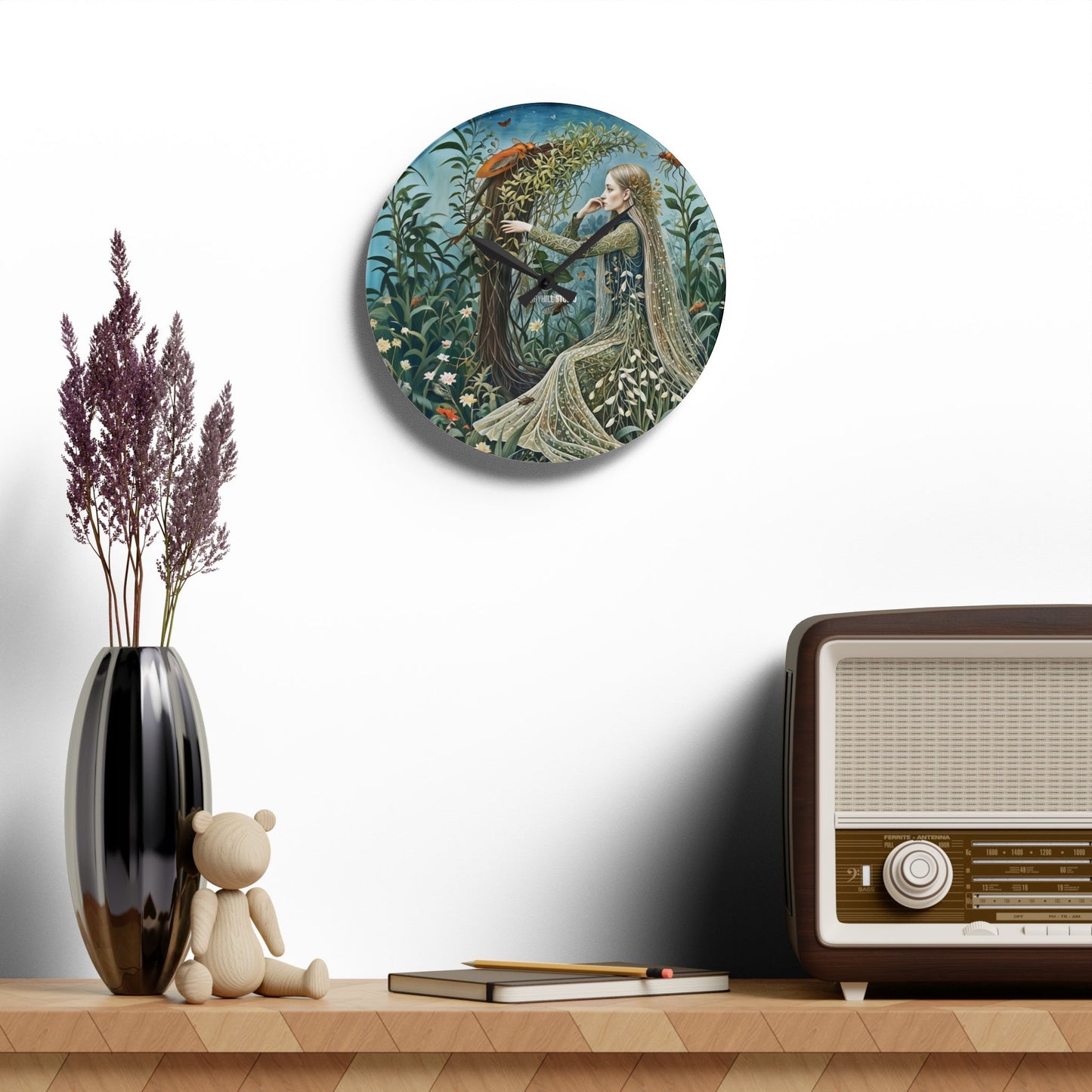 Acrylic Wall Clock - Botanical garden and creatures Art