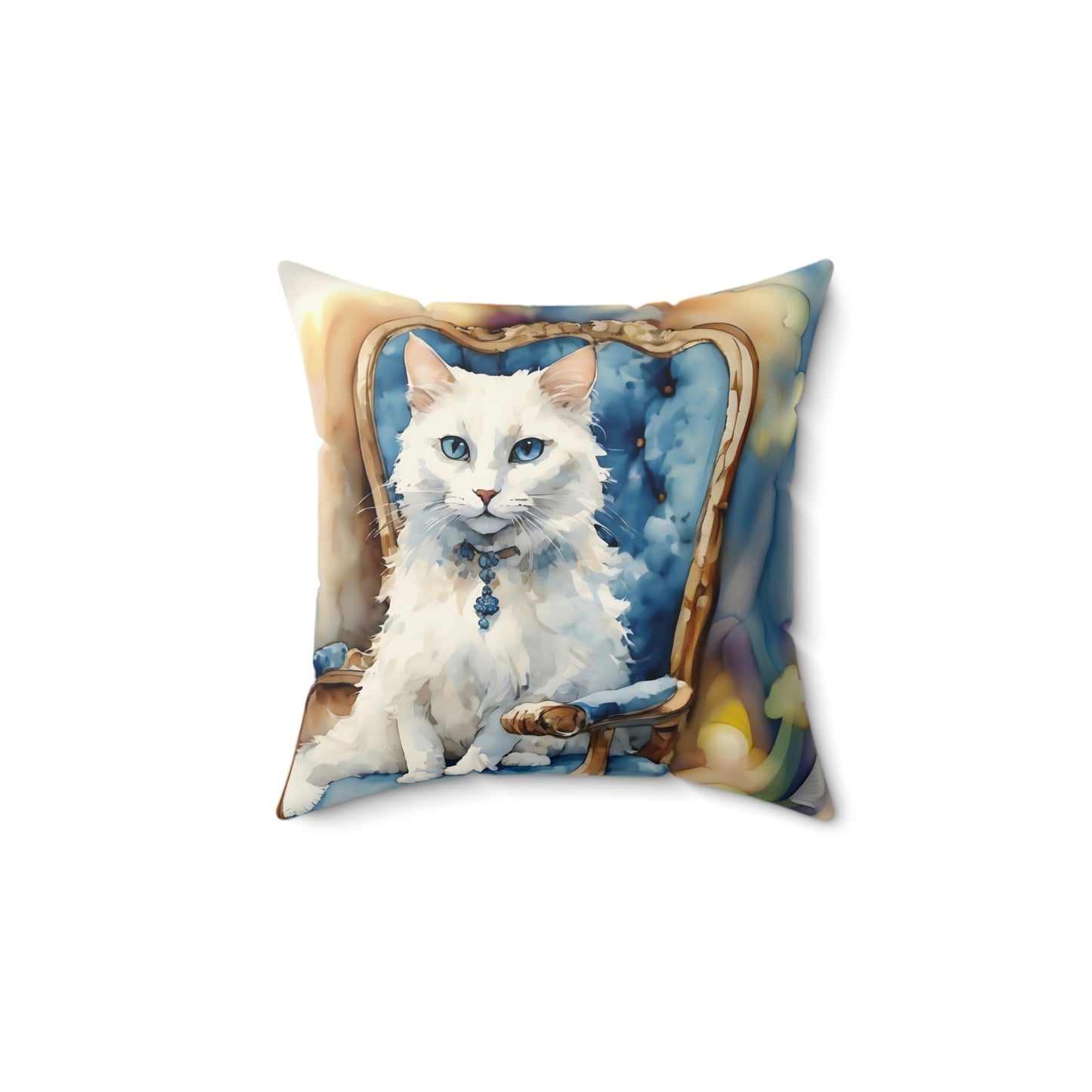 Square Pillow Adorable White Cat with Blue Eyes Art by Fairyhill Studio