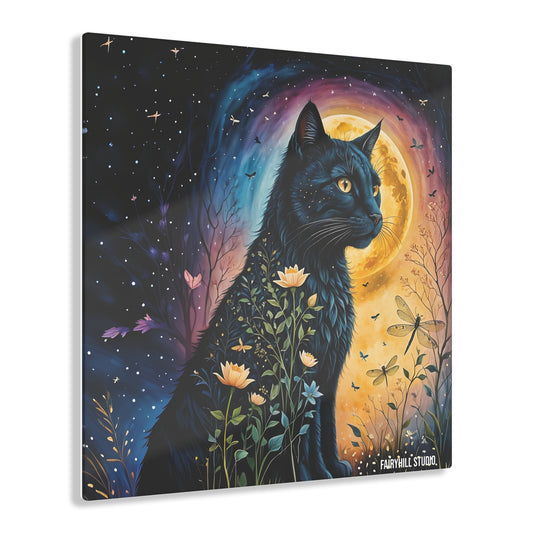 Acrylic Print - Black Cat at Night with dragonfliies Inspirational Art