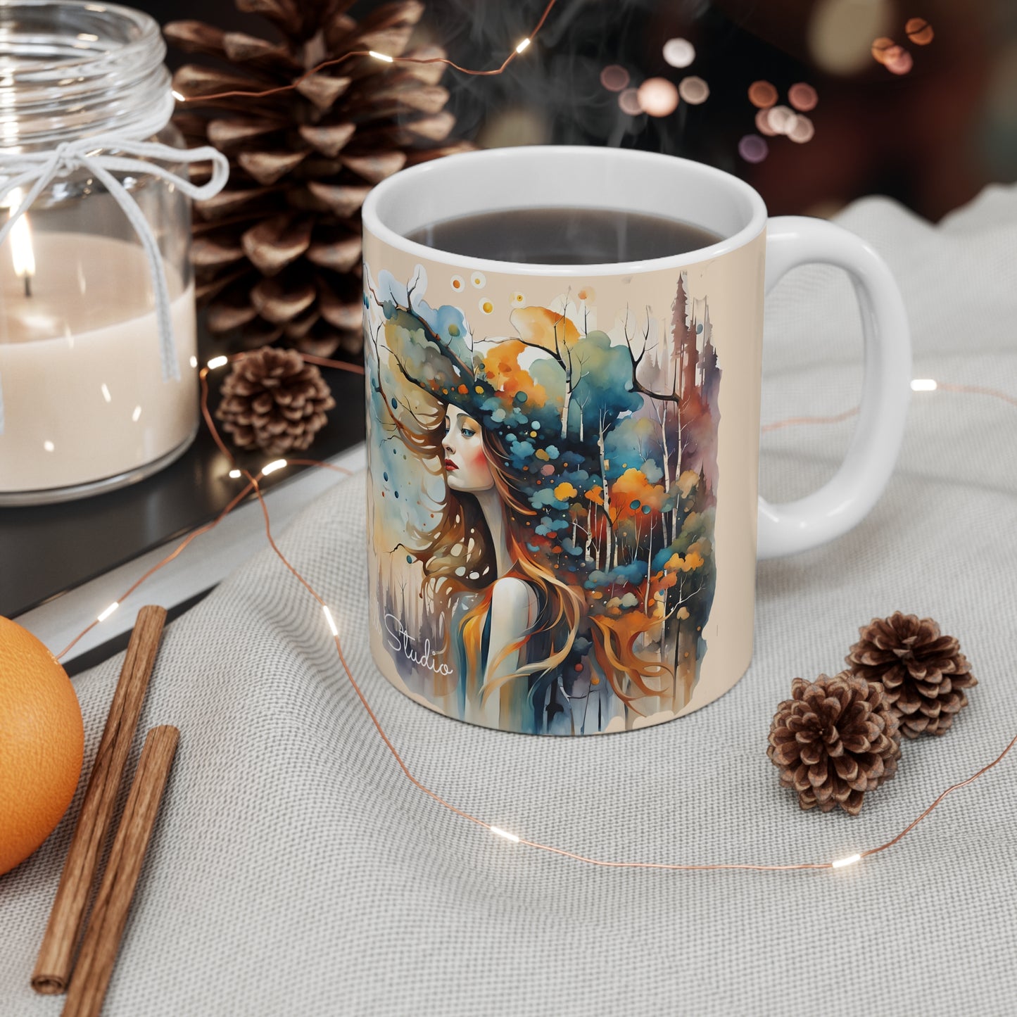 Elegant Woman with colorful hat a dress watching over the city Art Mug - 11oz Coffee Cup for Art Lovers