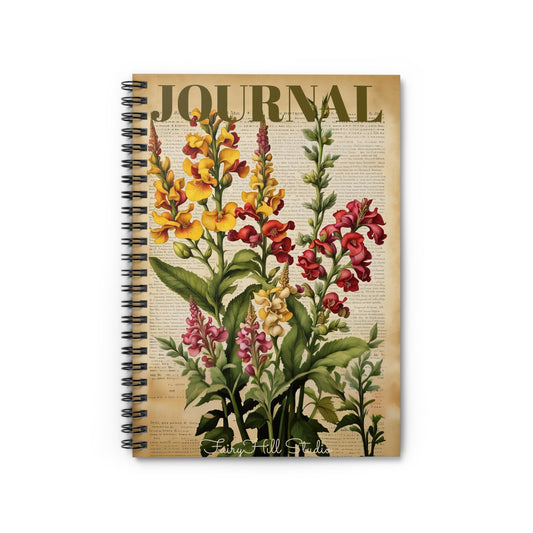 Vintage Botanical Journal - Ruled Line Spiral Notebook with Ink Illustration of Antirrhinum Snapdragons /Fairyhill Studio