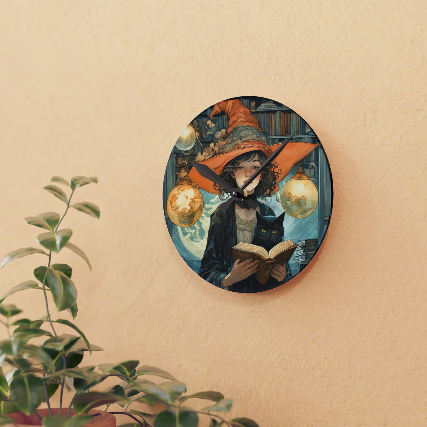 Acrylic Wall Clock - Witch and Black Cat Reading Book Art by Fairyhill Studio