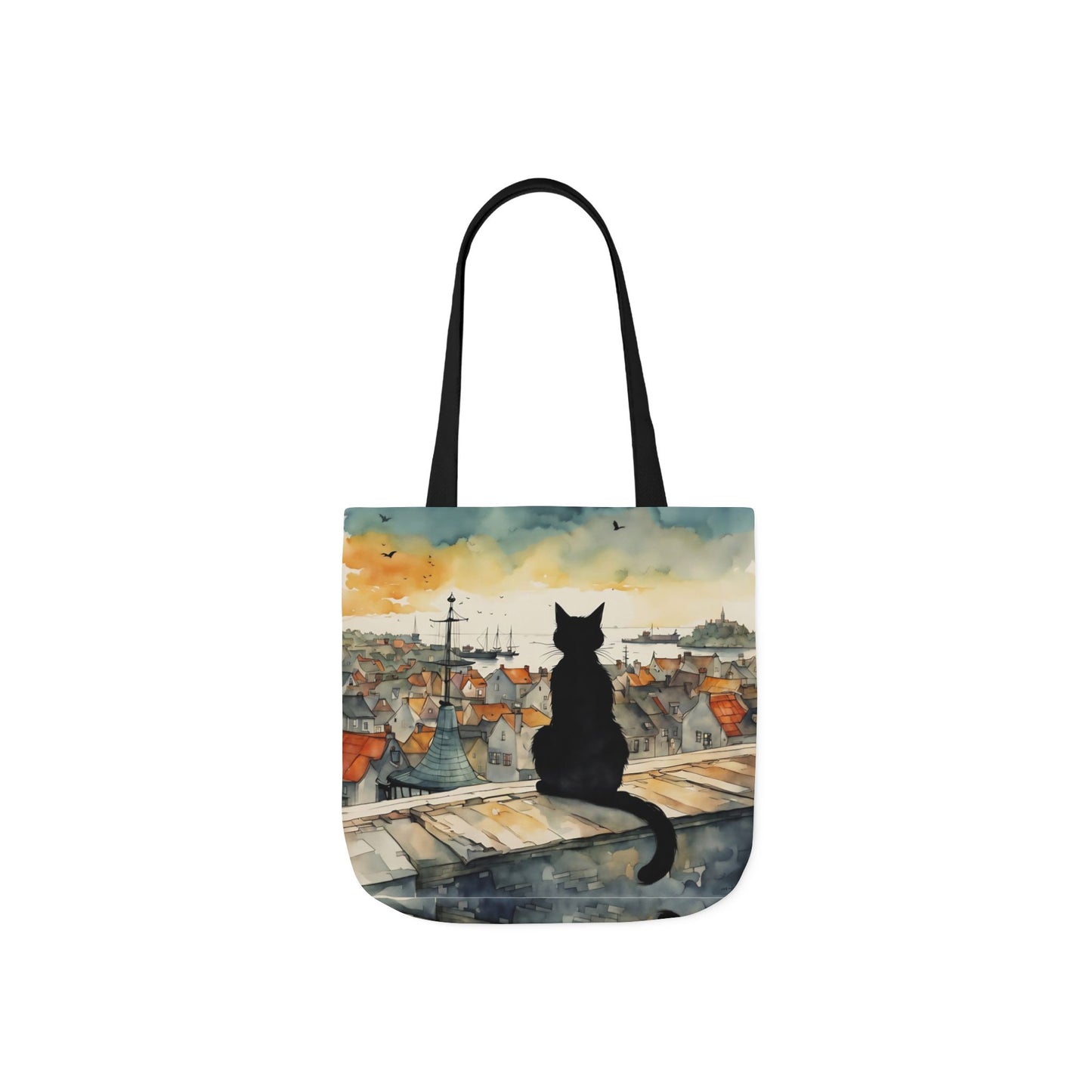 Black cat on a roof top FairyHill Studio Red phone- Canvas Tote Bag - Perfect for Beach Days, Eco-Friendly Shopping, and Summer Fun!