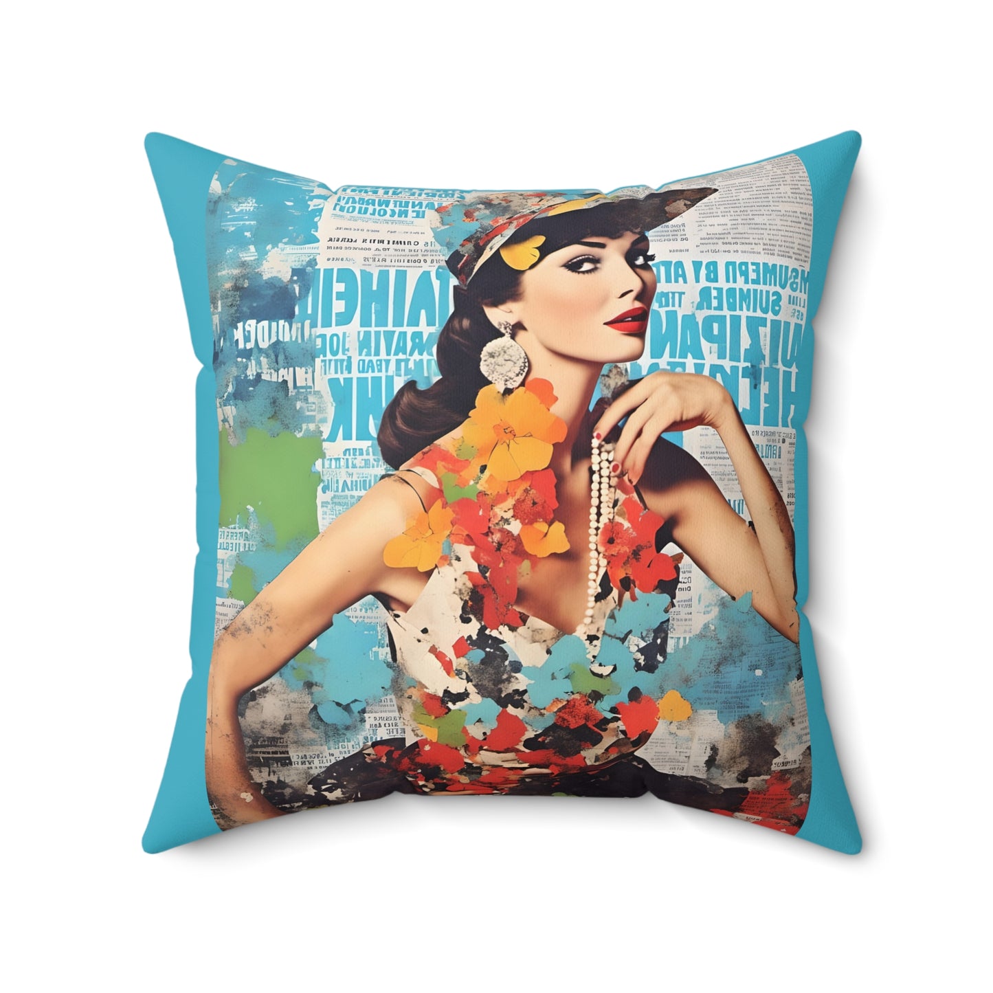Square Pillow Colorful Fashion Model with Hat Collage Art