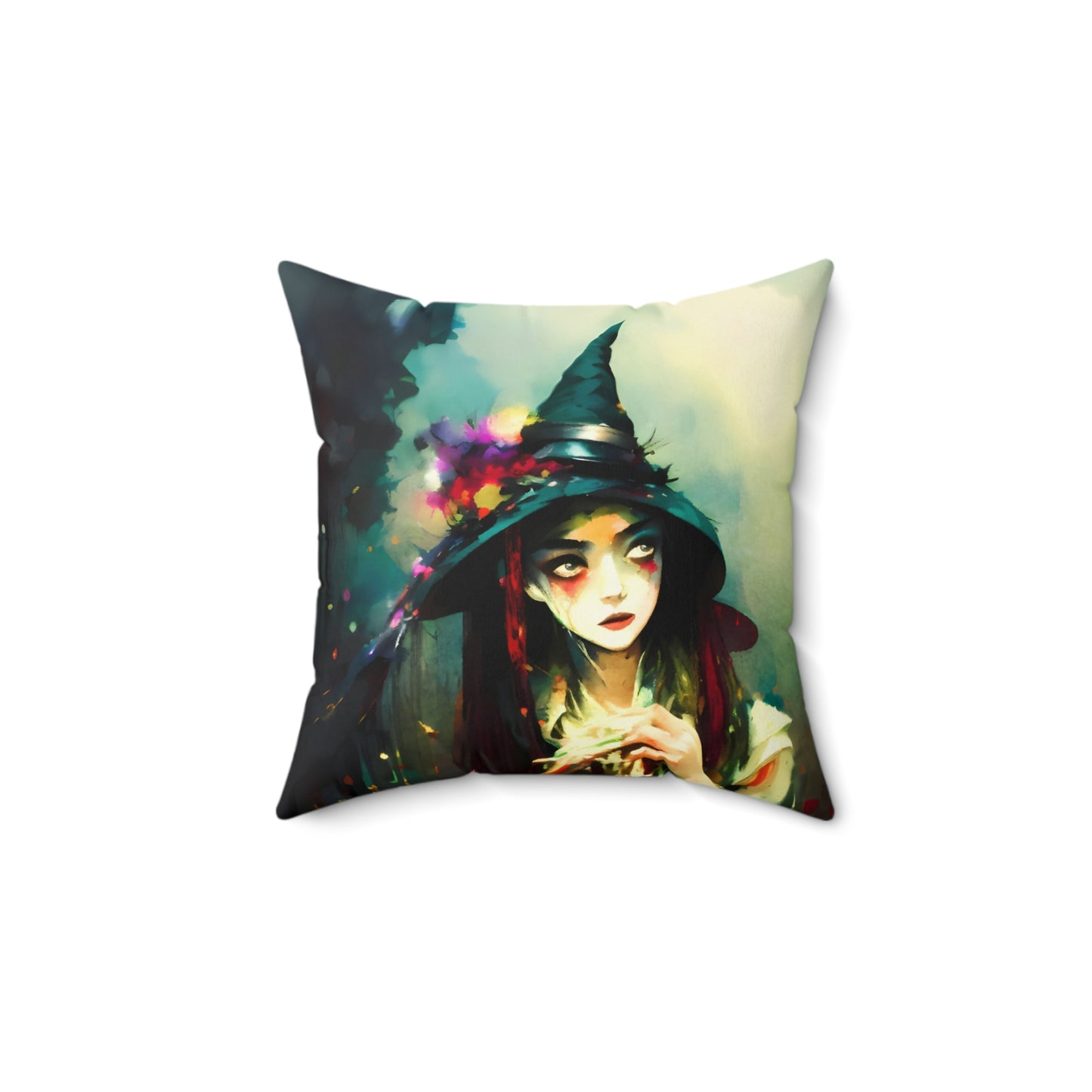 Square Pillow - Colorful Halloween Witch Pillow by Fairyhill Studio