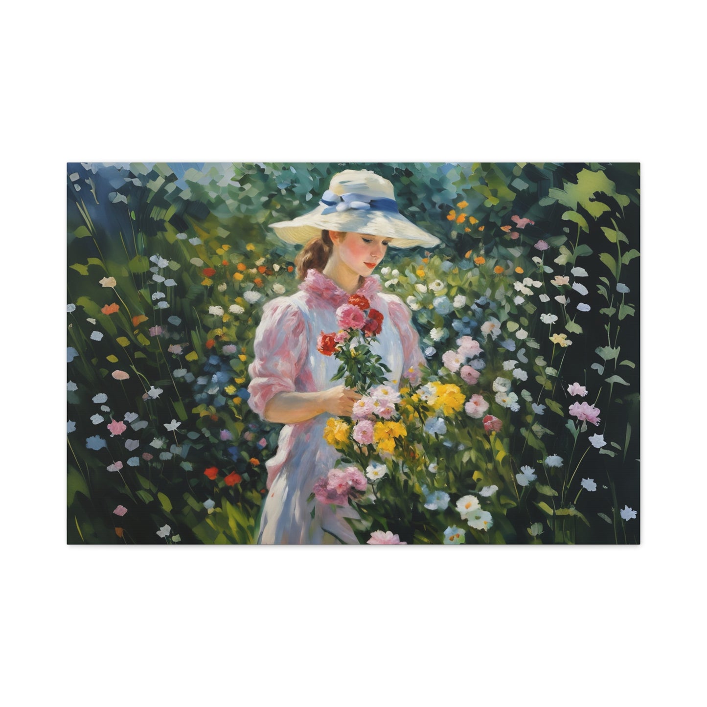Canvas Art - Monet Style Floral Serenity with Elegant Woman and Flower Basket, Stretched Matte 1 25"