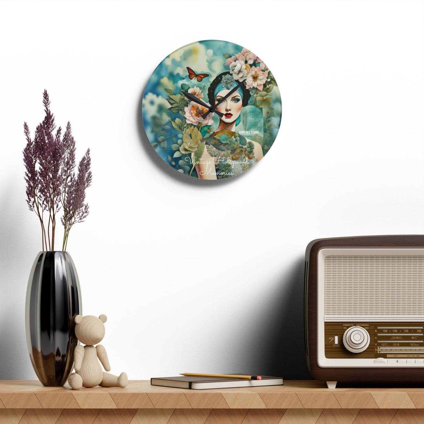 Acrylic Wall Clock - Vintage Hollywood Beauty Collage Art Style with Flowers