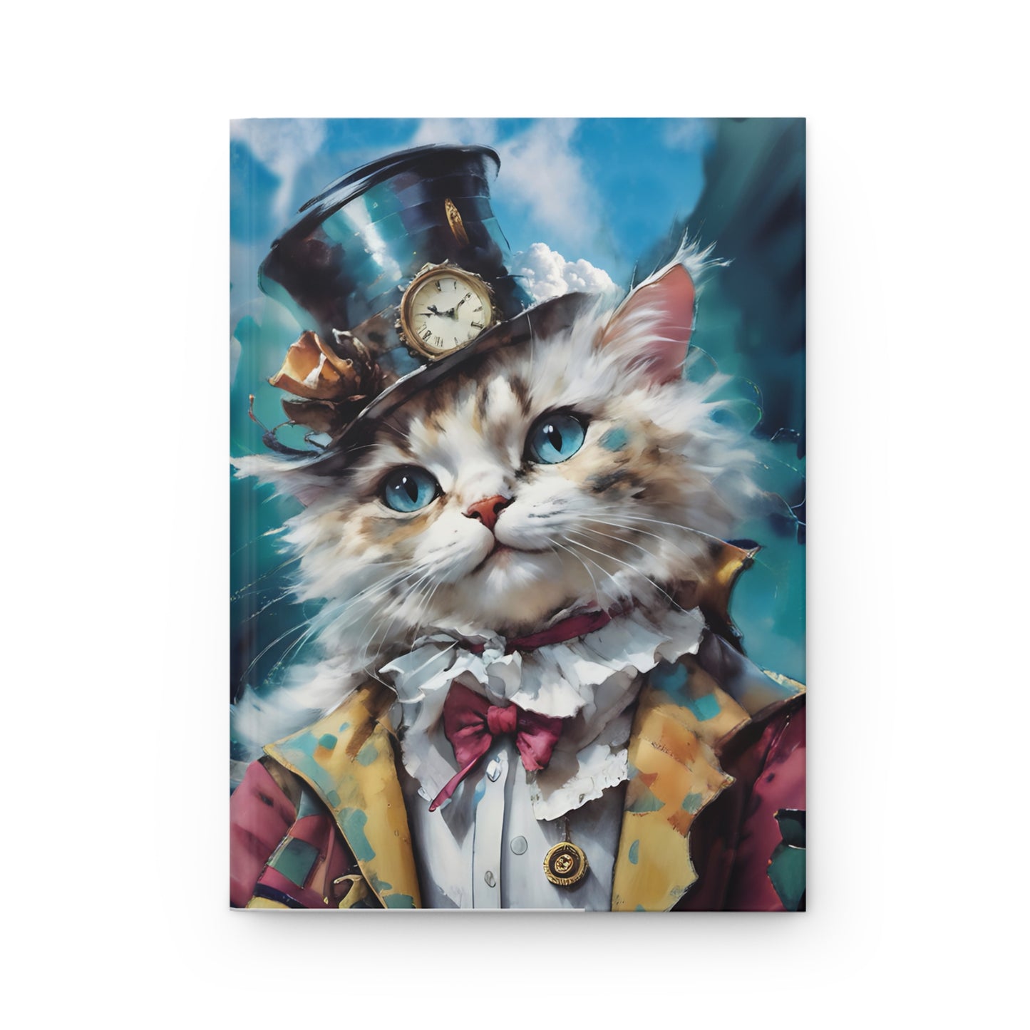 Hardcover Journal Matte - Mad Hatter Style White Cute Cat with Top Hat Alice in Wonderland Lovers