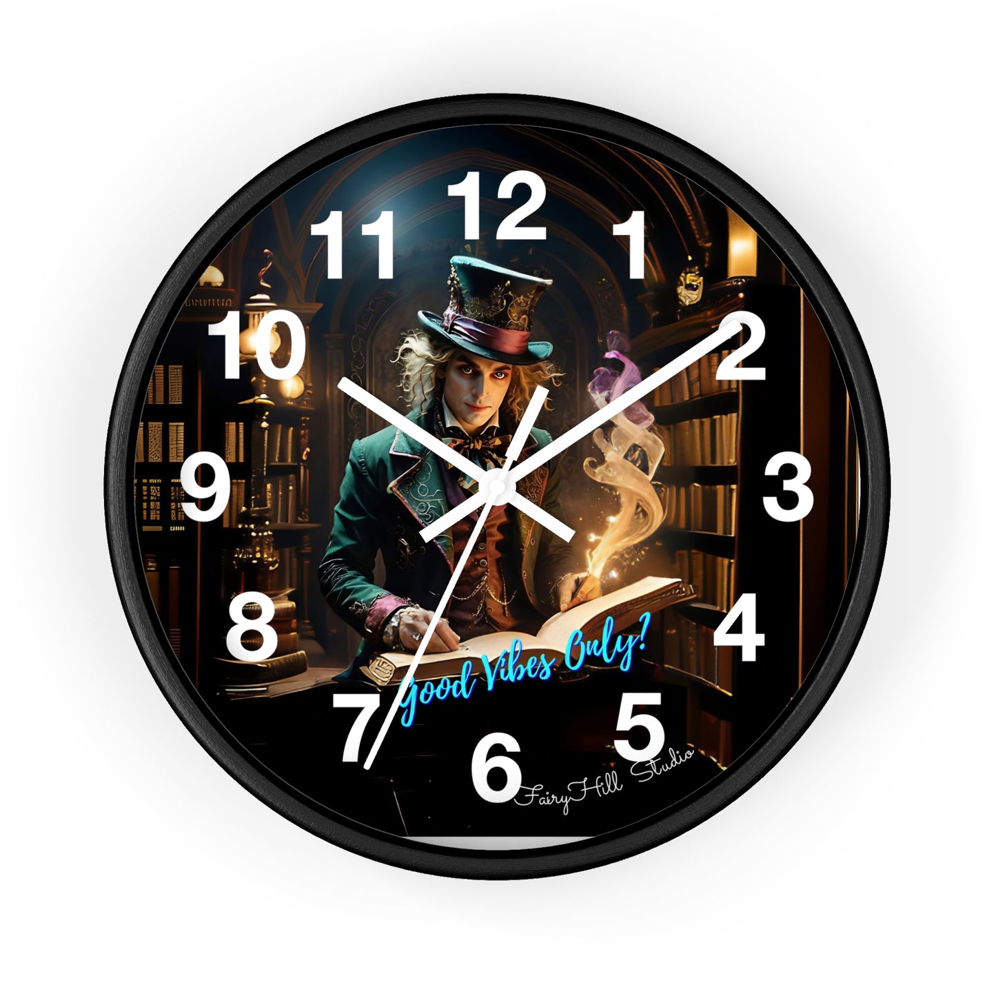 Whimsical Wall Clock - Good Vibes Only, Mad Hatter in a  Library Design