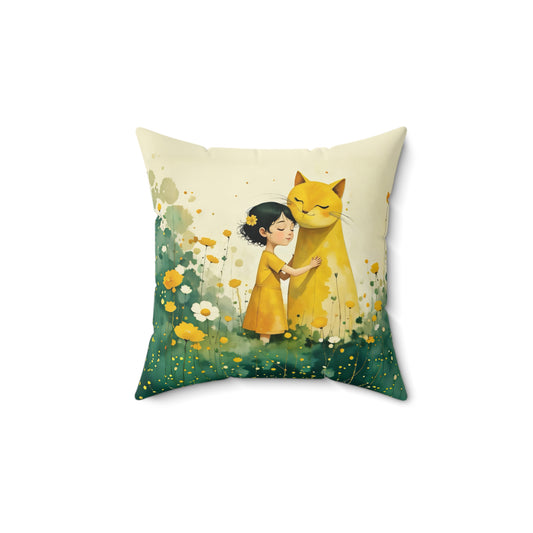 Girl with yellow  cat  Square Pillow - by Fairyhill Studio