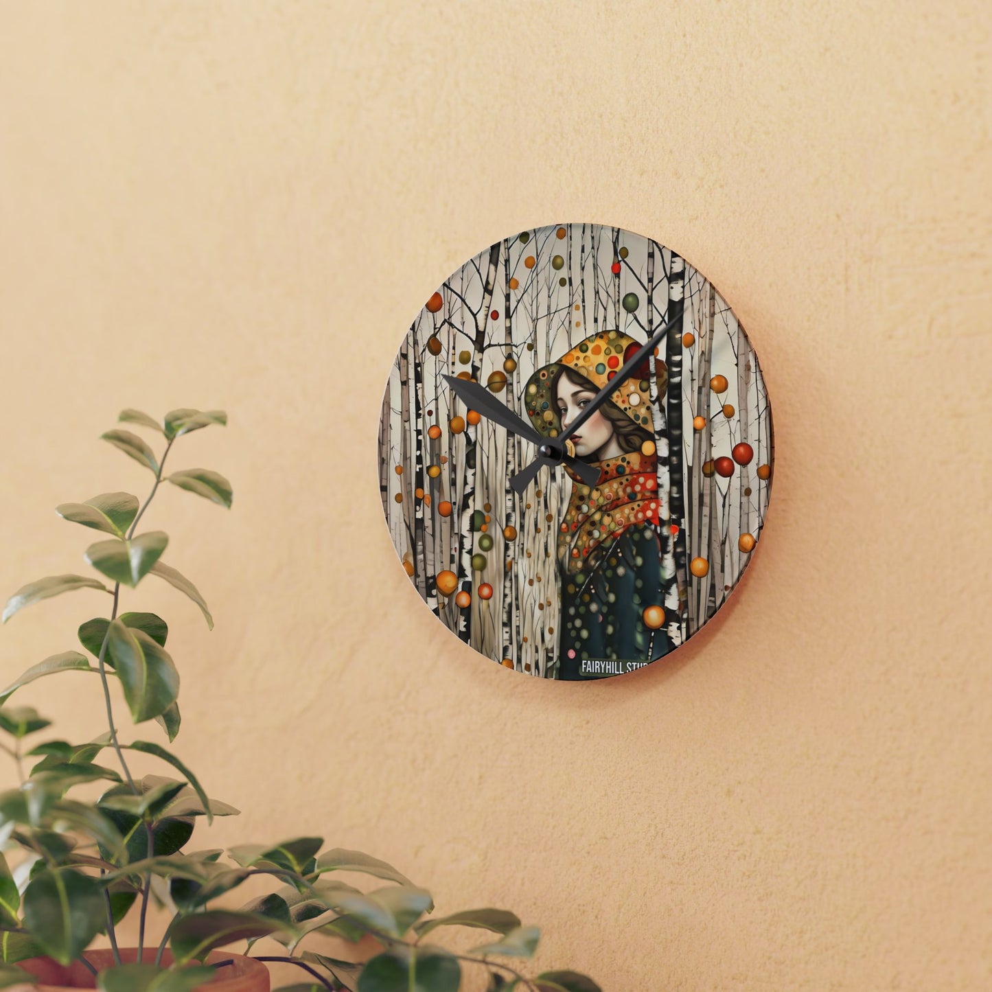 Acrylic Wall Clock - Autumn Girl in Birch Forest Art by Fairyhill Studio