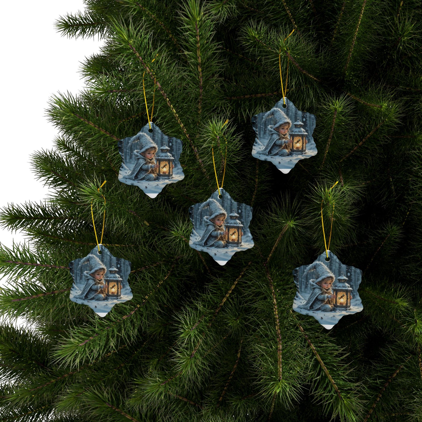 Ceramic Ornaments - Magical Holiday Elf with Dragonfly Lantern Art