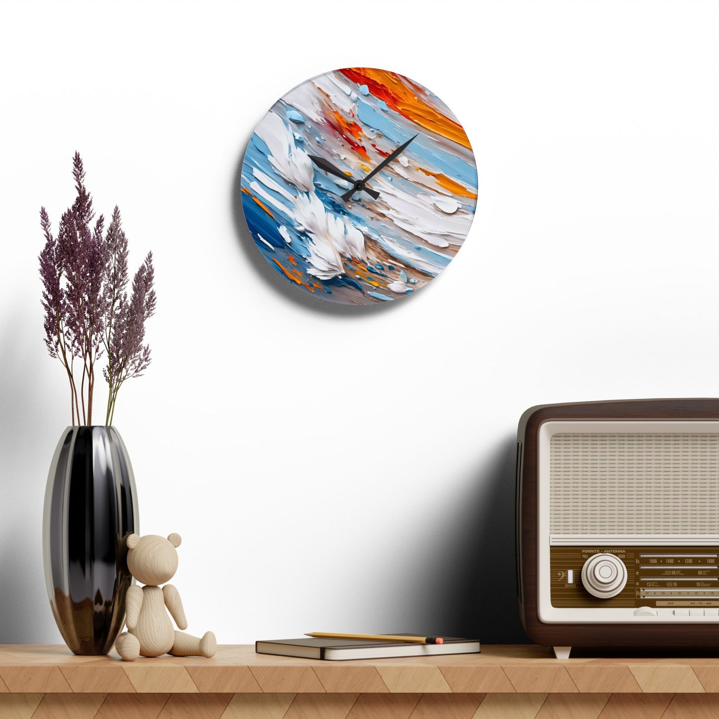 Abstract Impasto Acrylic Wall Clock - White Aqua Orange Colors by Fairyhill Studio
