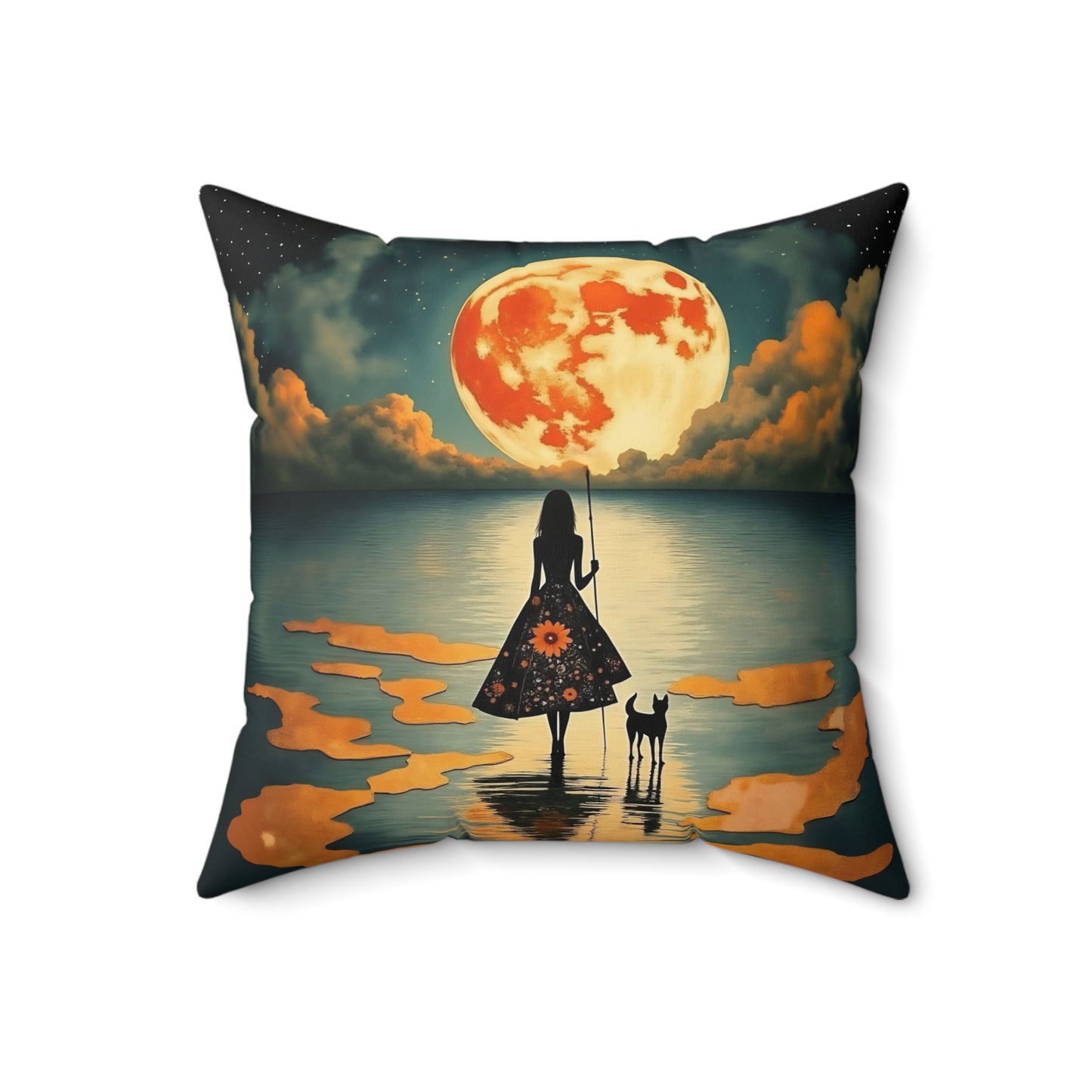 Girl with a fullmoon balloon   Square Pillow - by Fairyhill Studio