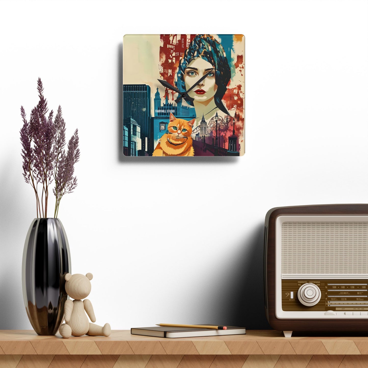 Acrylic Wall Clock -Model with a Yellow cat in London /Art