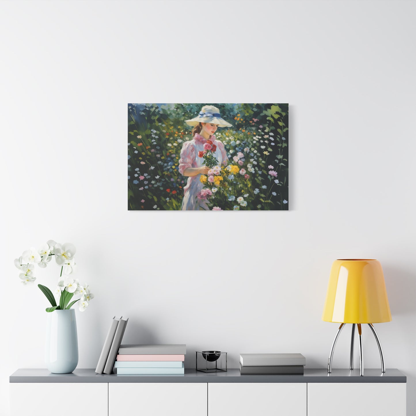 Canvas Art - Monet Style Floral Serenity with Elegant Woman and Flower Basket, Stretched Matte 1 25"