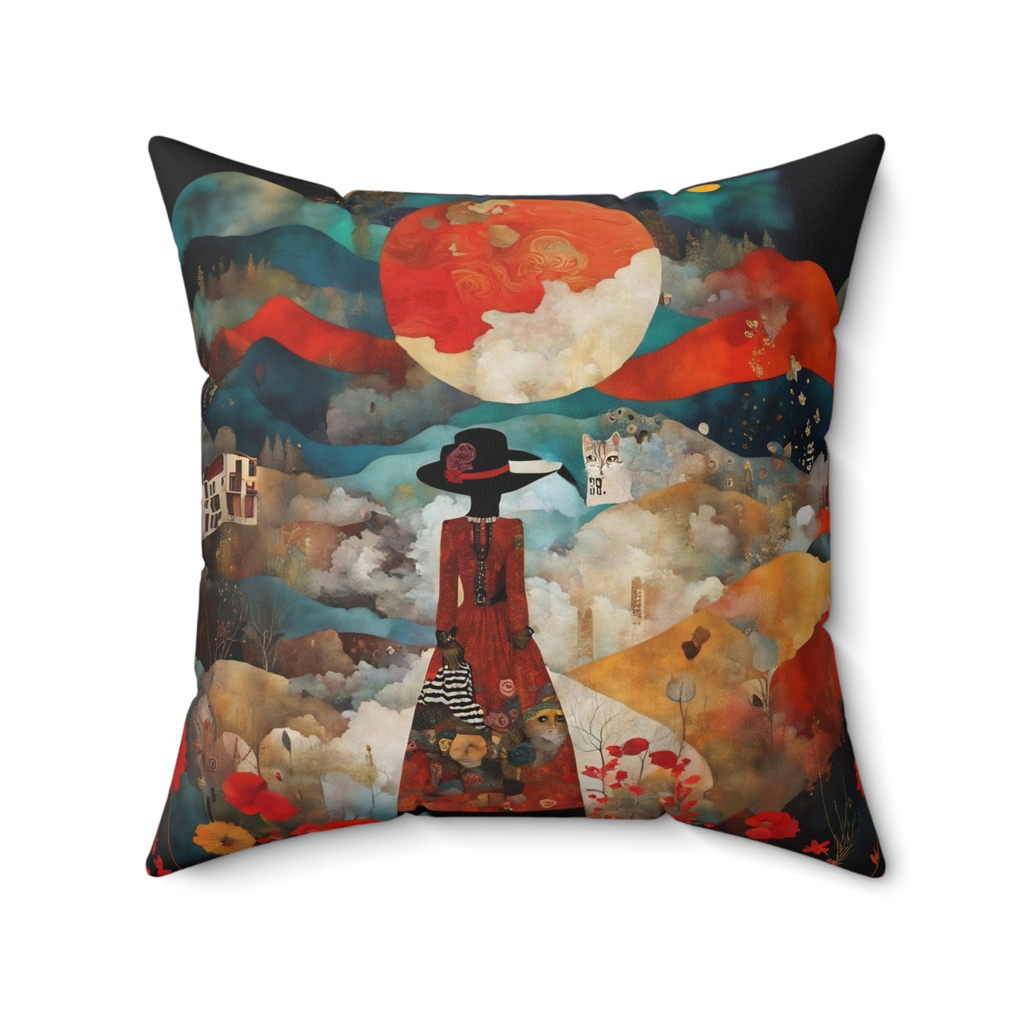 Moon struck/Red poppies Square Pillow - by Fairyhill Studio