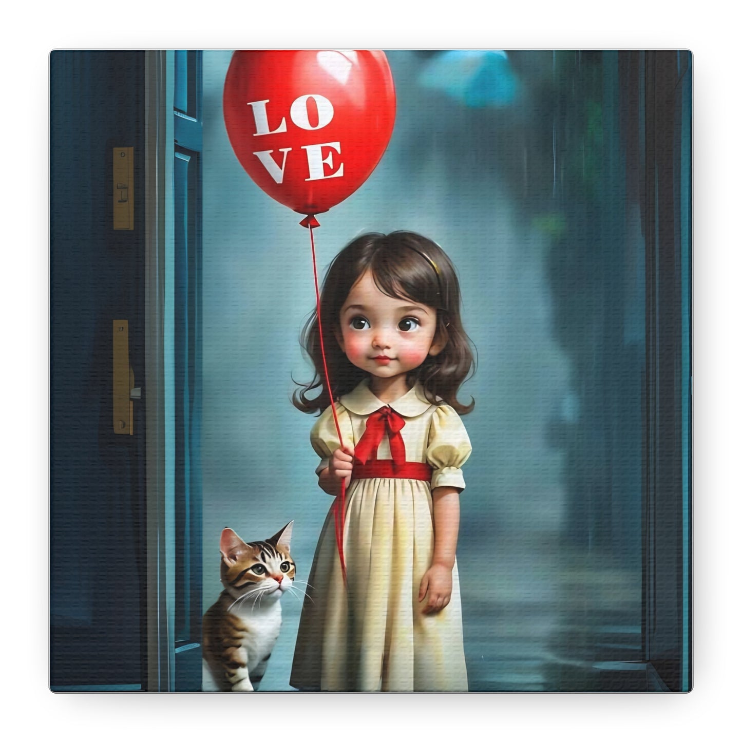 Canvas Print - Cute Girl with Red Love Balloon and Cat Art by Fairyhill Studio