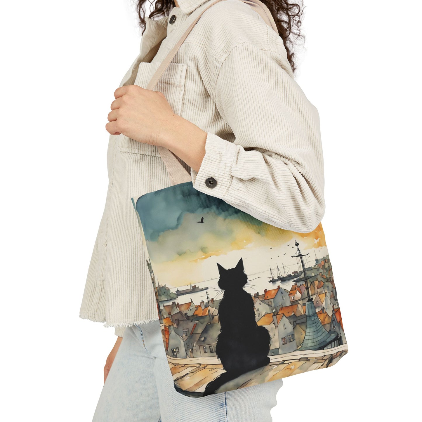 Black cat on a roof top FairyHill Studio Red phone- Canvas Tote Bag - Perfect for Beach Days, Eco-Friendly Shopping, and Summer Fun!