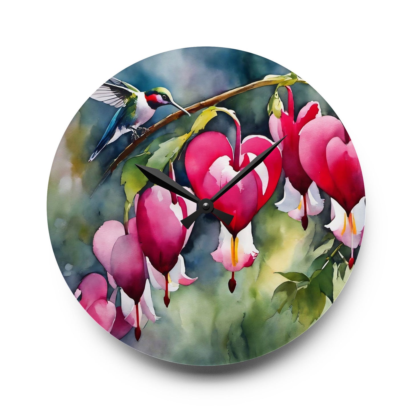 Wall Clock - Watercolor Bleeding Heart Flowers and Hummingbird Art by FairyHill Studio