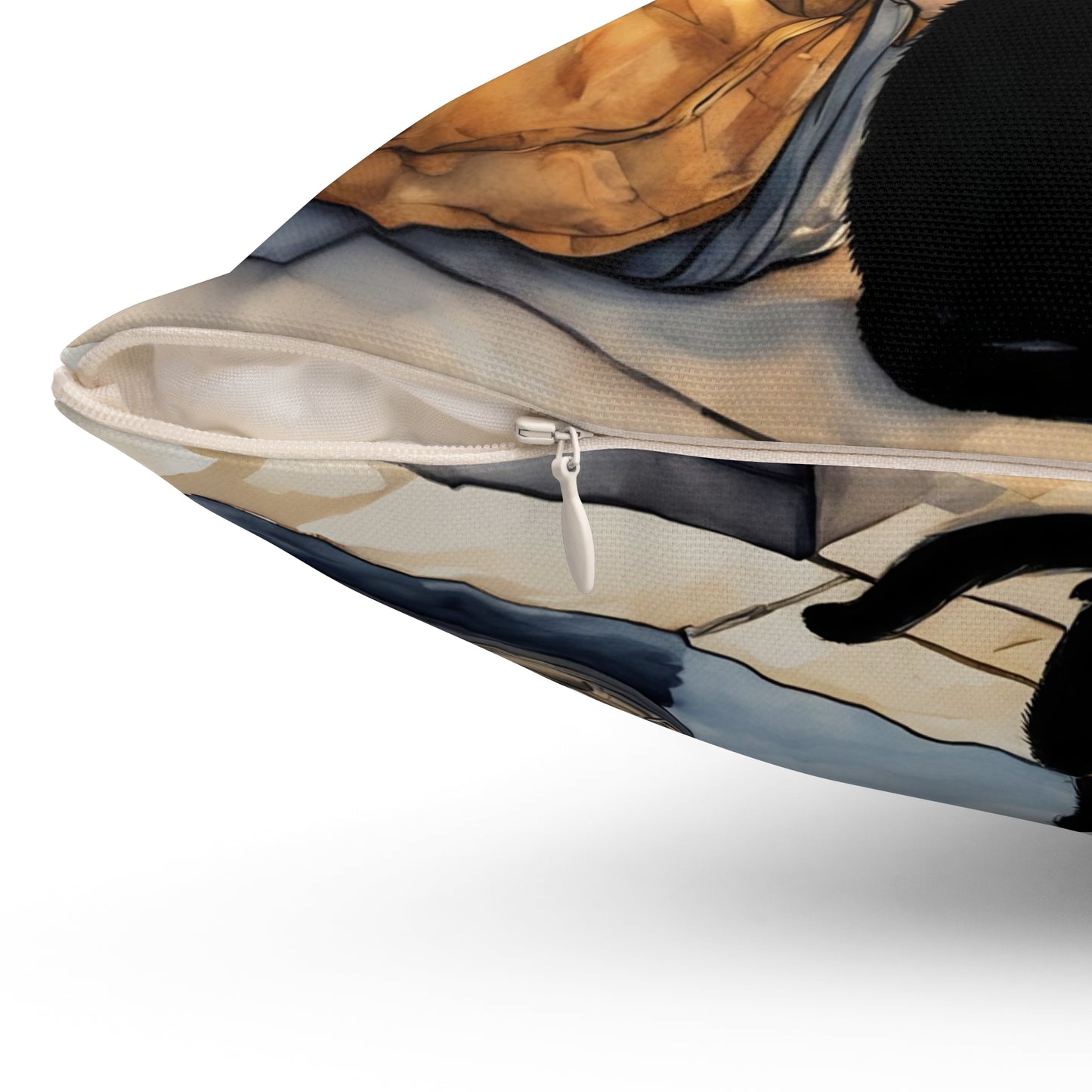 Girl with black cat  Black cat on a balcony  Square Pillow - by Fairyhill Studio