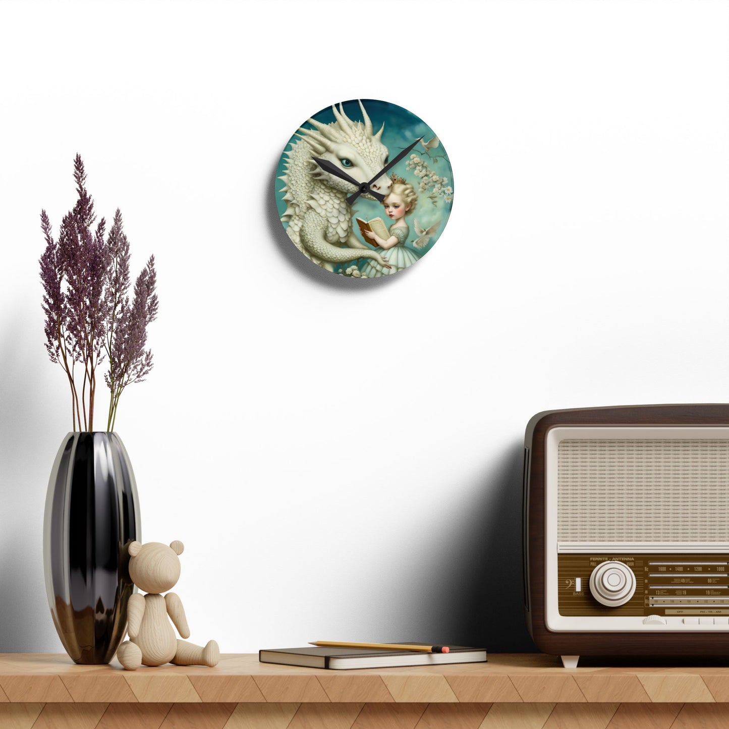 Acrylic Wall Clock Girl with a White Dragon Art