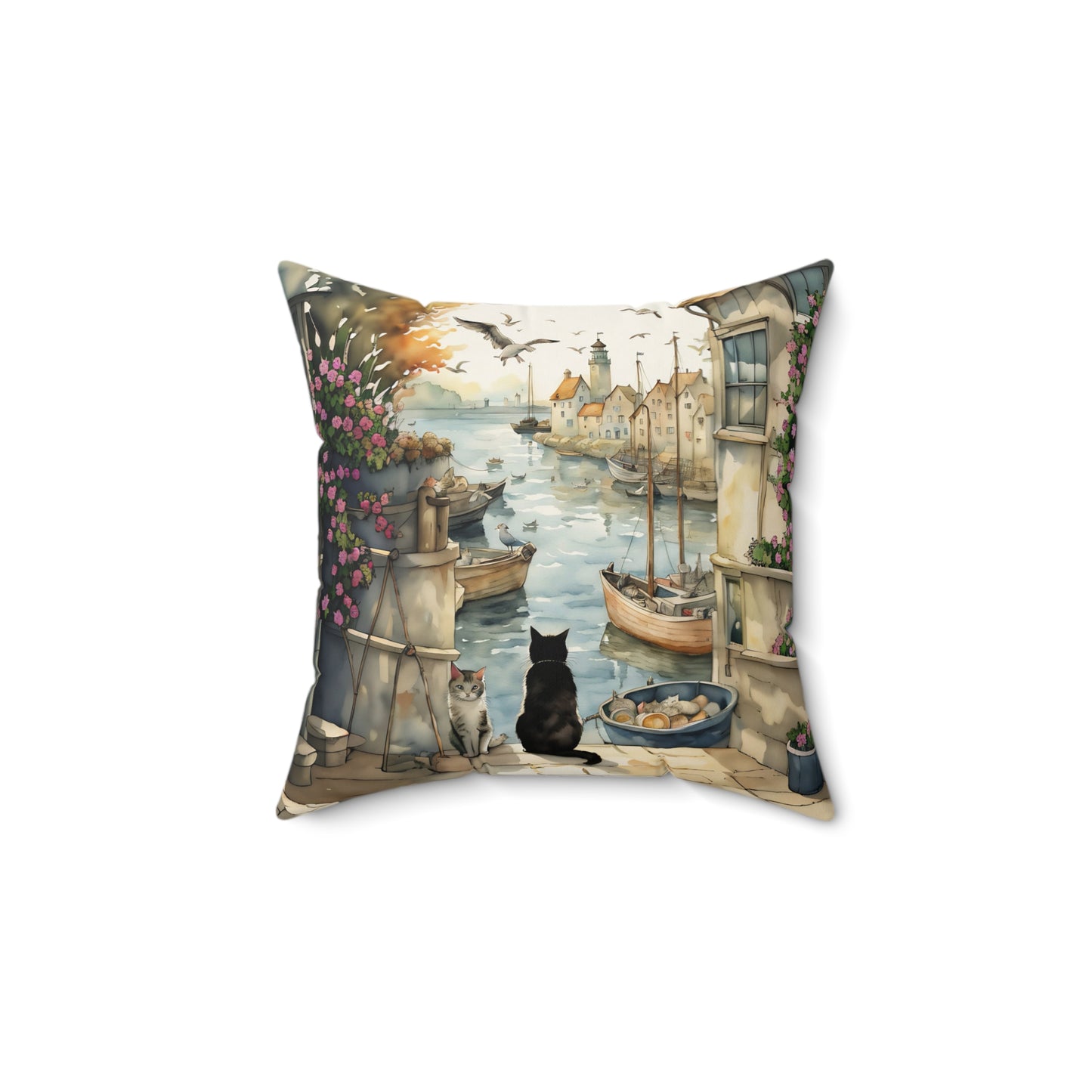 Harbour Cats Square Pillow - by Fairyhill Studio
