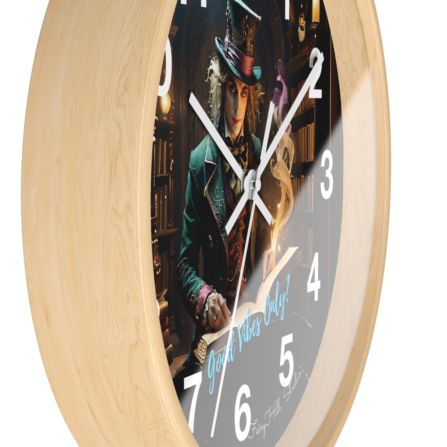 Whimsical Wall Clock - Good Vibes Only, Mad Hatter in a  Library Design