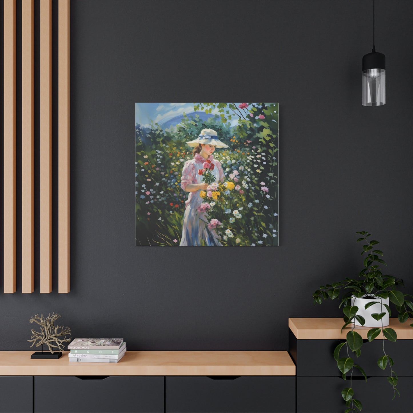 Canvas Art - Monet Style Floral Serenity with Elegant Woman and Flower Basket, Stretched Matte 1 25"