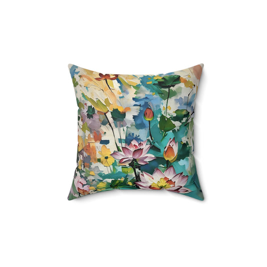 Square Pillow Monet Style Lotus Flowers Art by Fairyhill Studio