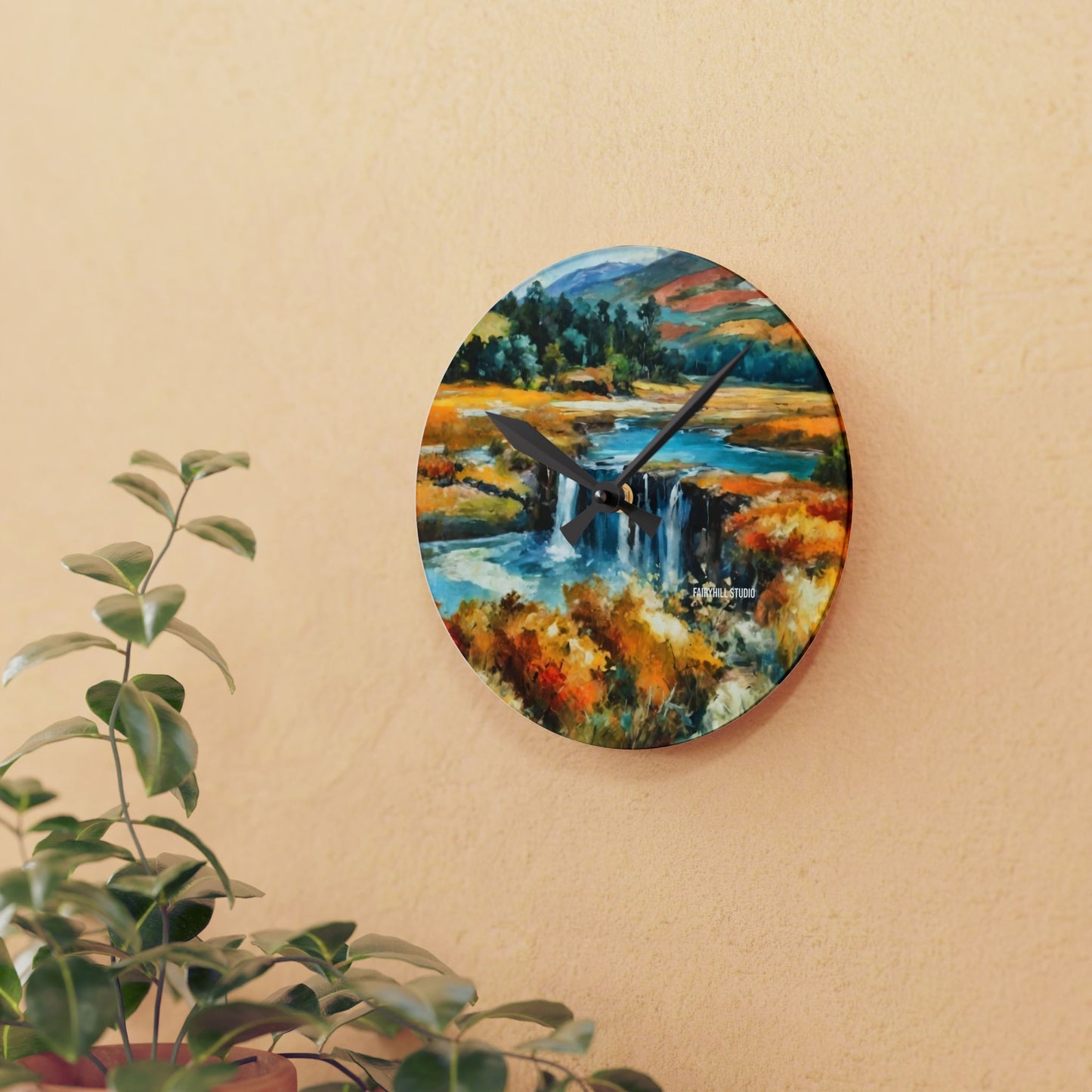 Wall Clock - Village by the Pond Watercolor Art Design