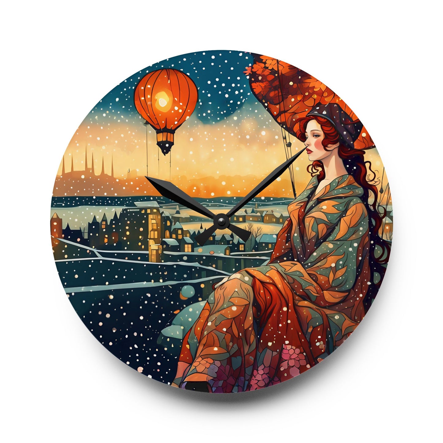 Acrylic Wall Clock - City Watching Girl with Hot Air Balloons Snowy Day Design