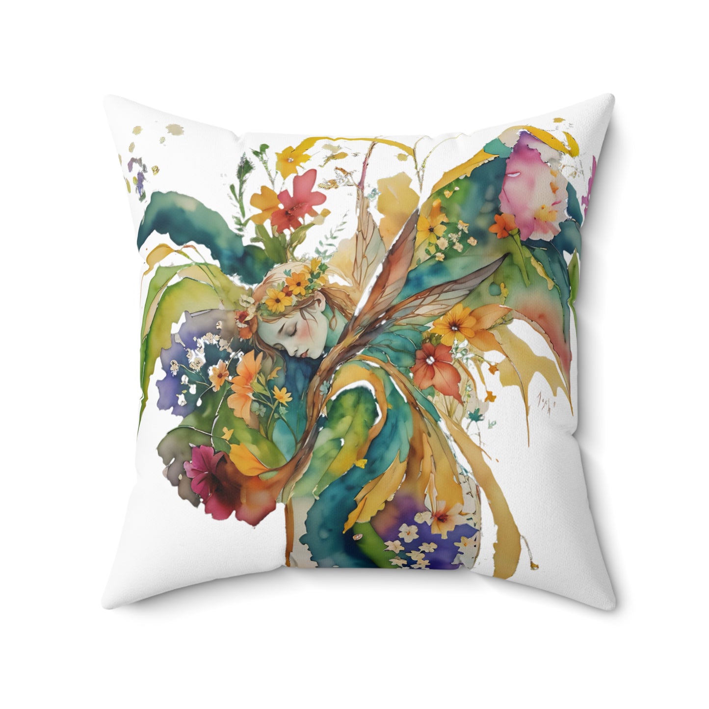 Square Pillow - Colorful nature spirit angel in flowers Spun Polyester Pillow