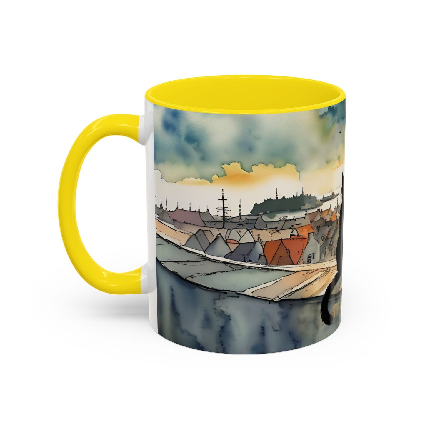 Black cat on a roof top Art-Themed Coffee Mug - 11 & 15oz Accent Mug for Musroom Fsiry Lovers