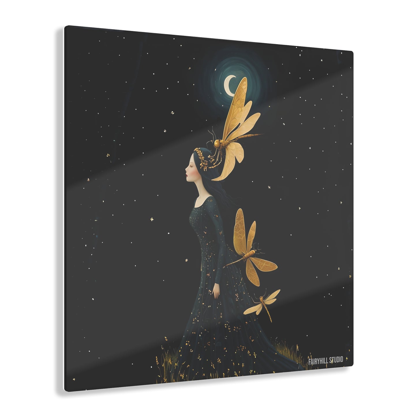 Art Acrylic Prints - Midnight Girl with Golden Dragonflies