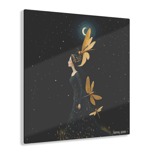 Art Acrylic Prints - Midnight Girl with Golden Dragonflies