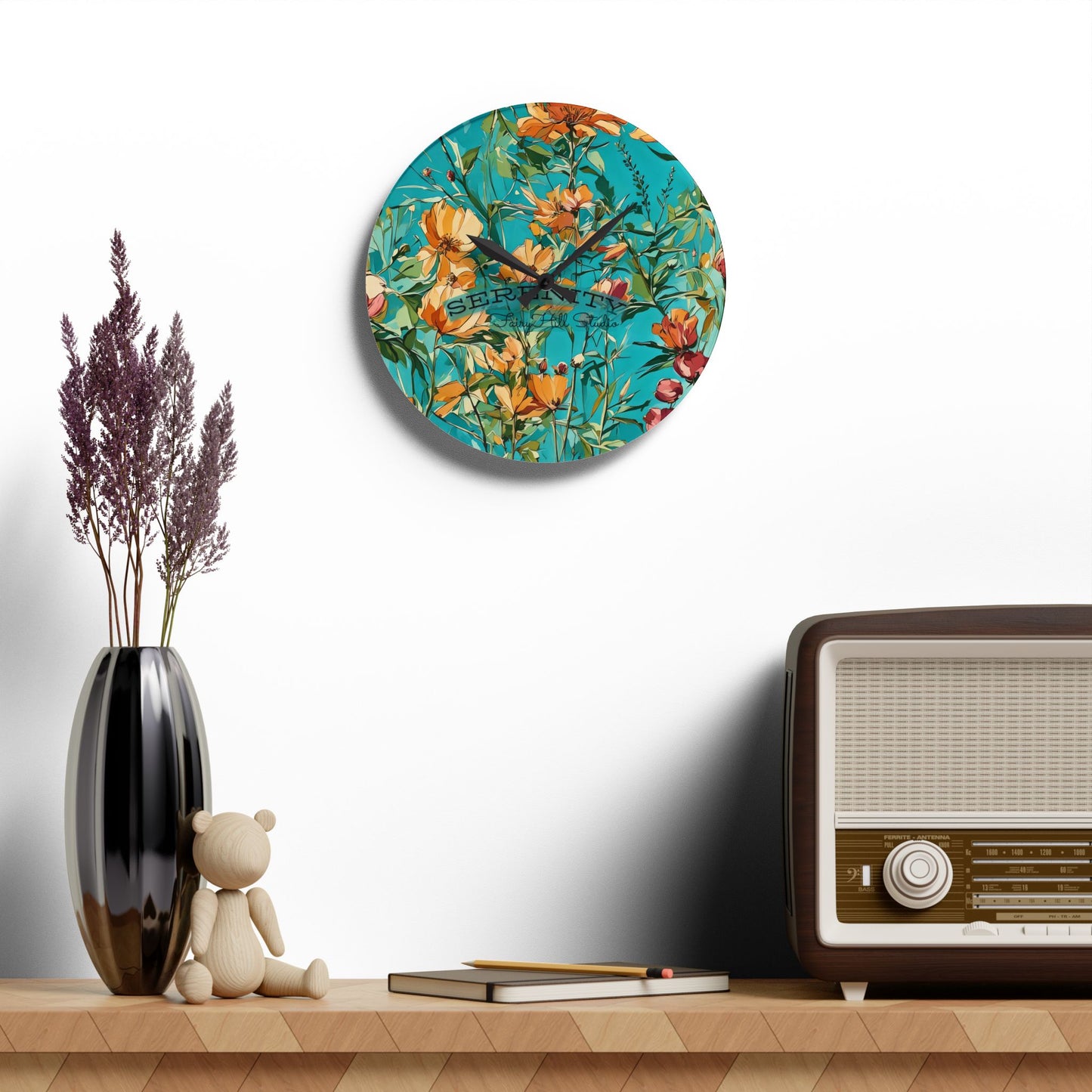 Acrylic Wall Clock blue orange wild flowers