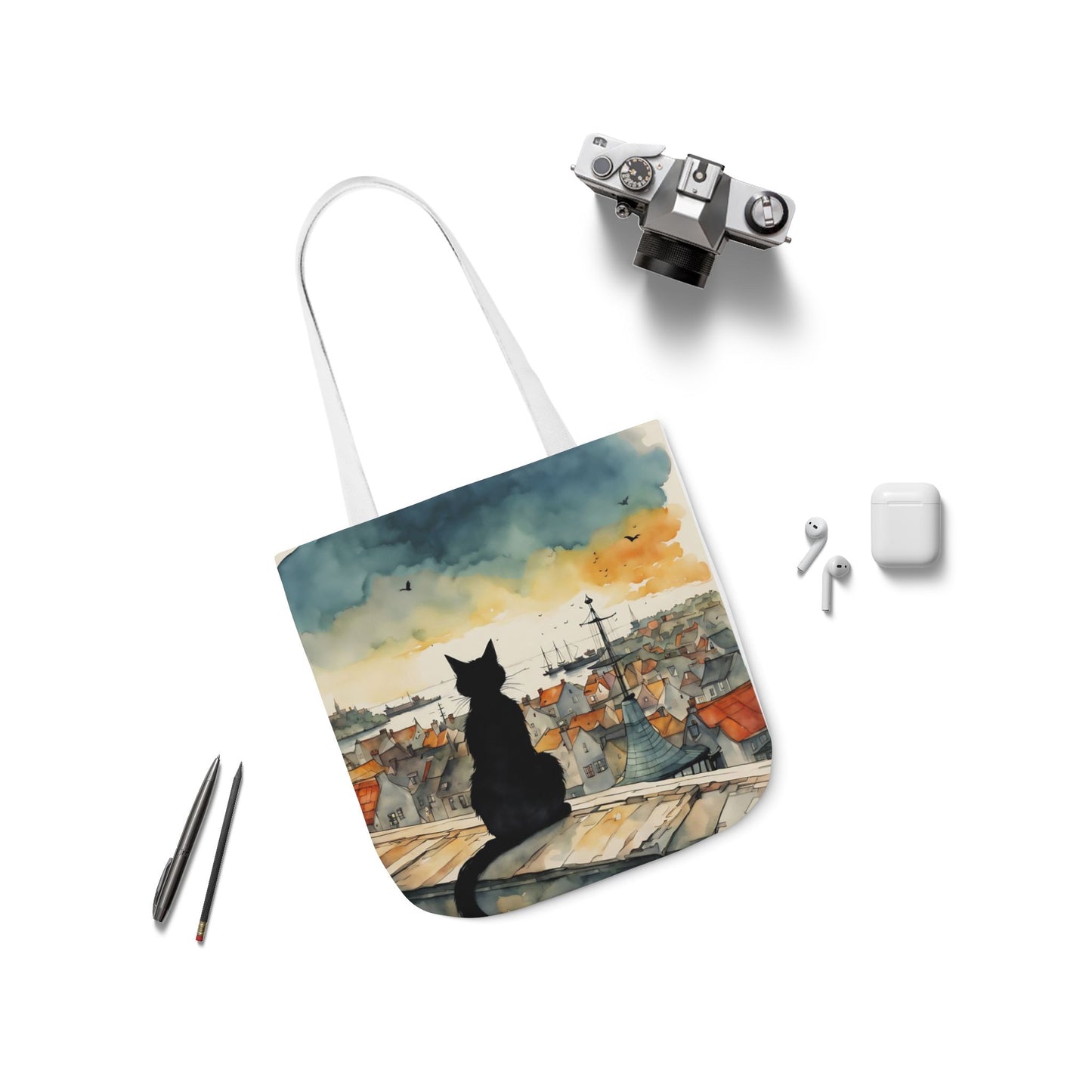 Black cat on a roof top FairyHill Studio Red phone- Canvas Tote Bag - Perfect for Beach Days, Eco-Friendly Shopping, and Summer Fun!