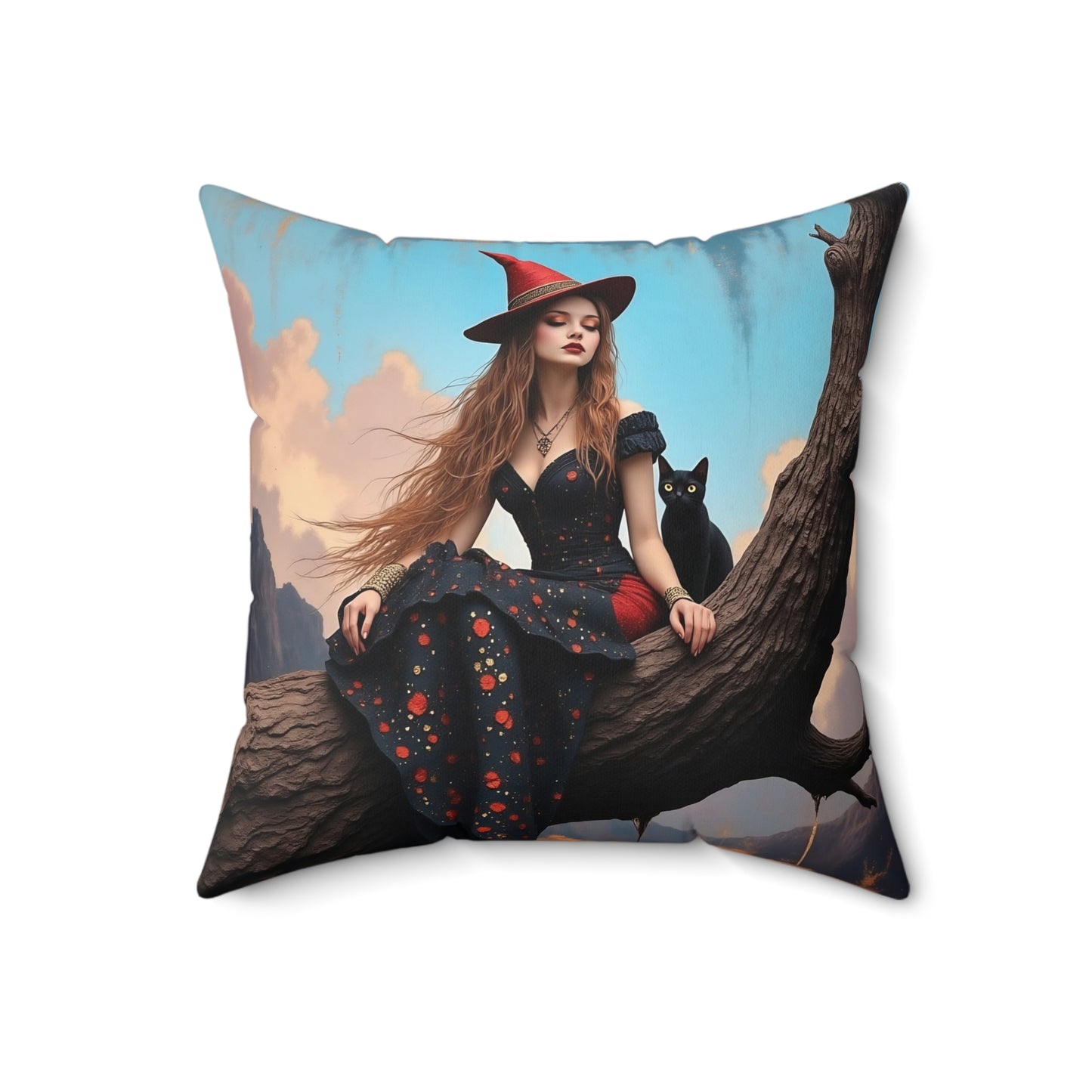 Elegant witch with black cat Square Pillow - by Fairyhill Studio