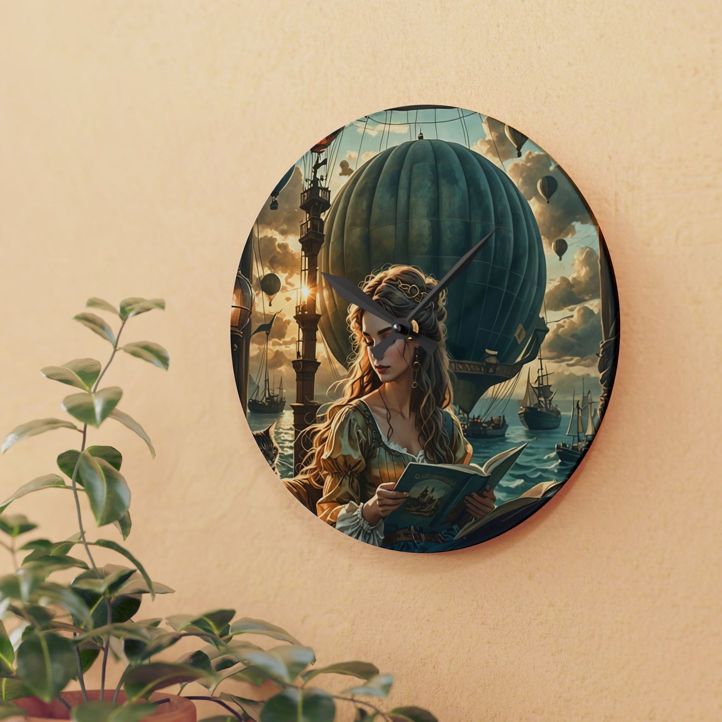 Hot Air Balloons and Girl reading a book to a cat Acrylic Wall Clock