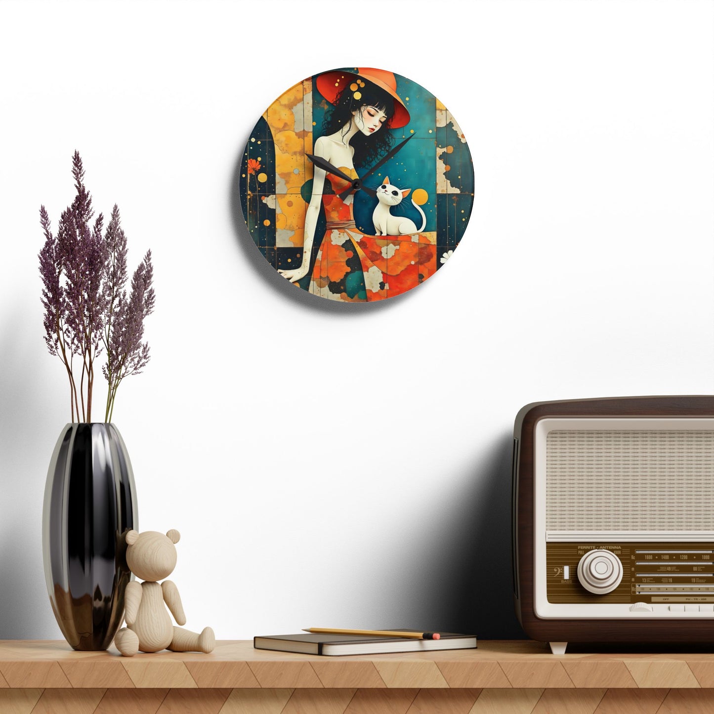 Witch with white cat Acrylic Wall Clock